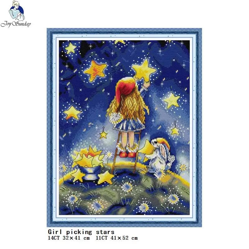 Girl Picking Stars DIY Hand Counted Cross Stitch Kit DMC 11ct 14ct Canvas Printing Cross Stitch Needlework Embroidery Set Crafts