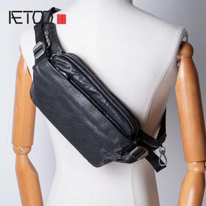 Borsa a tracolla in pelle da uomo AETOO, borsa a tracolla in pelle bovina a strato superiore da uomo alla moda, borsa da cintura in pelle multifunzionale