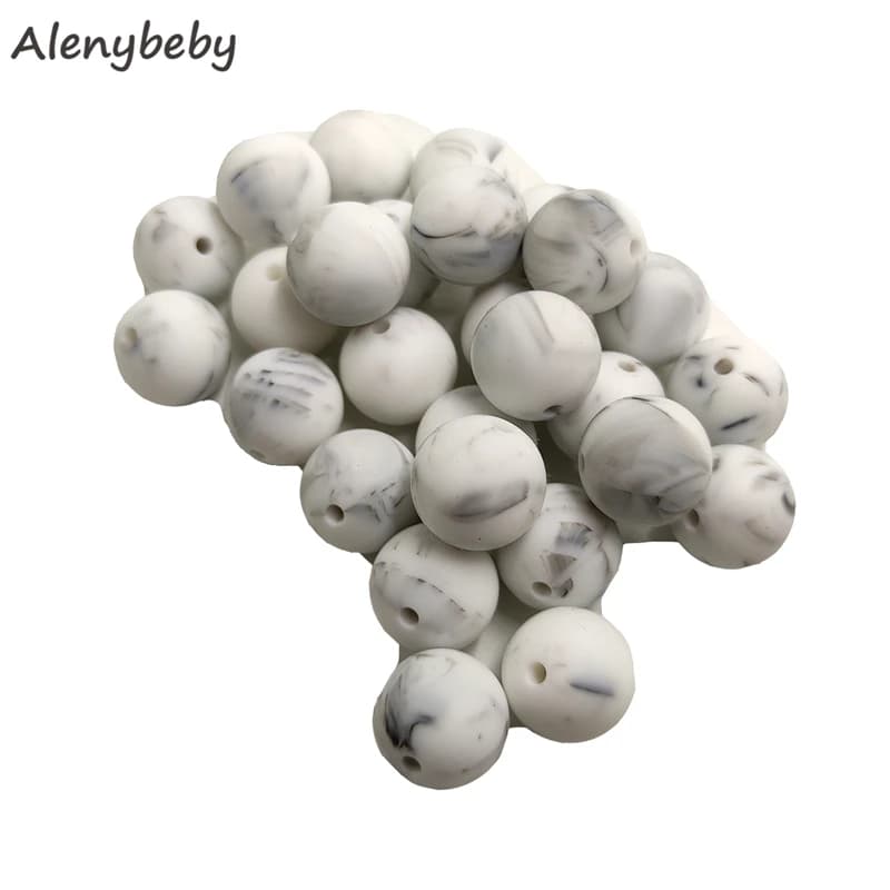 Marmo Colore bianco Silicone alimentare Perlina rotonda 12/15mm Collana per massaggiagengive per bambini Giocattolo Ciuccio fai da te Cura della catena Prodotto per massaggiagengive per bambini