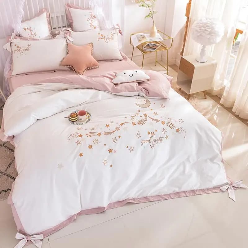 J1 bianco rosa lusso stile principessa stelle luna ricamo ragazza biancheria da letto Set copripiumino Bowknot lenzuolo lenzuola federe