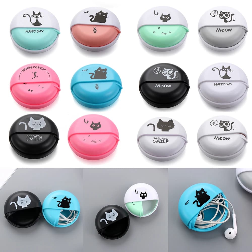 1pcs Headphone Cable Box Round Headphone Storage Box Rotating Cover Earphone Container Home Accessories Cute Data Line Box Case