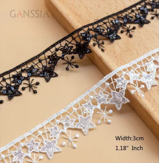 Width:3cm (1.20 inch) Stars Lace Trim Ivory White & Black for Curtain Wedding Dress Skirts Collar Neckline DIY (ss-2361)