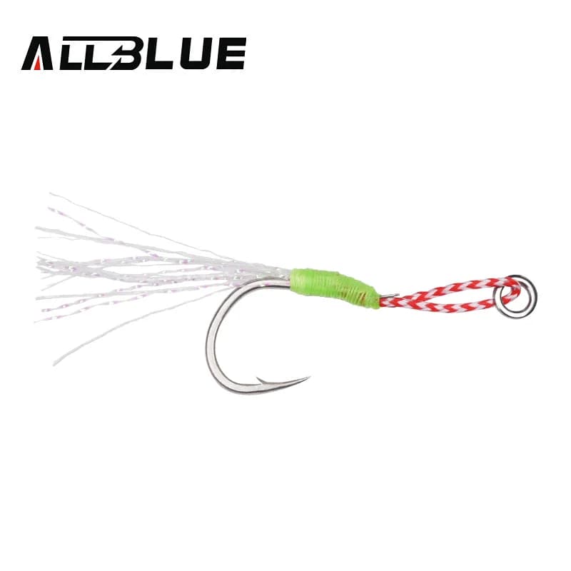 ALLBLUE Set di 6 Esche Metalliche Luminose con Amo Ausiliario, Filo PE, Piuma e Anello Solido per Pesca con Esche da 10-80g