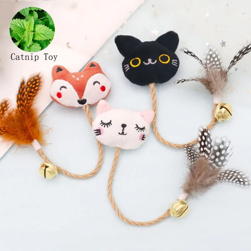 Divertente gatto giocattolo campana di piume con Catnip gatto forma di animale bambola Pet corda di canapa asta molare Pet gattino forniture denti giocattolo da masticare