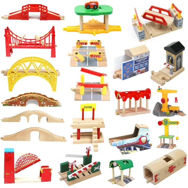 Piste in legno Accessori per binari ferroviari a ponte Stazione ferroviaria Gru a tunnel adatta a tutte le marche Giocattoli educativi per binari in legno per bambini
