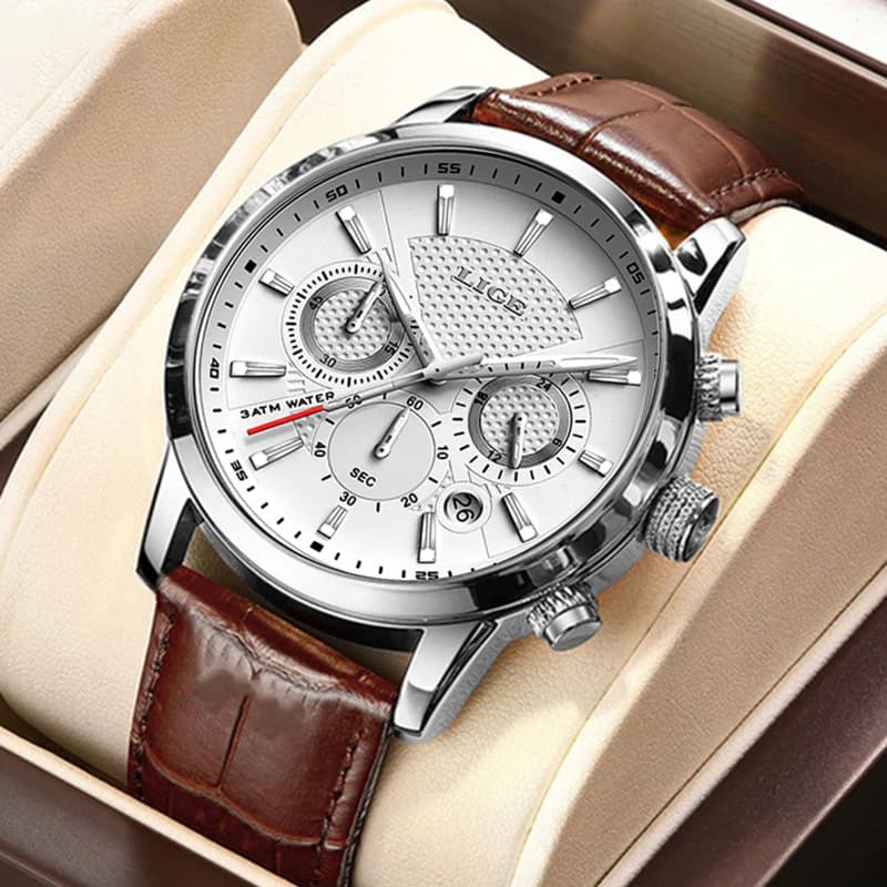 LIGE Men's Watch Brown Leather Fashion Casual Sports Business Men's Watch Waterproof Quartz Chronograph Luminous Men's Watch