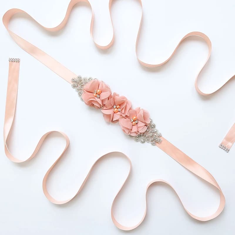 Pearl Rhinestone Chiffon Fabric Flower Bride Belts with Long Polyester Ribbon Girls Wedding Sashes Floral Belt Dress Decor