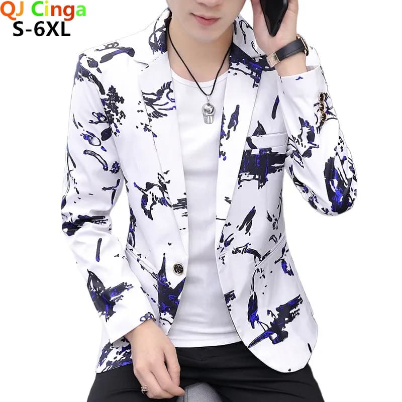 2026 Men's White Printed Suit Jacket, V-neck One Button Blazers, Youth Handsome Trend Slim Print Suit Jacket Big Size S-4XL 5X