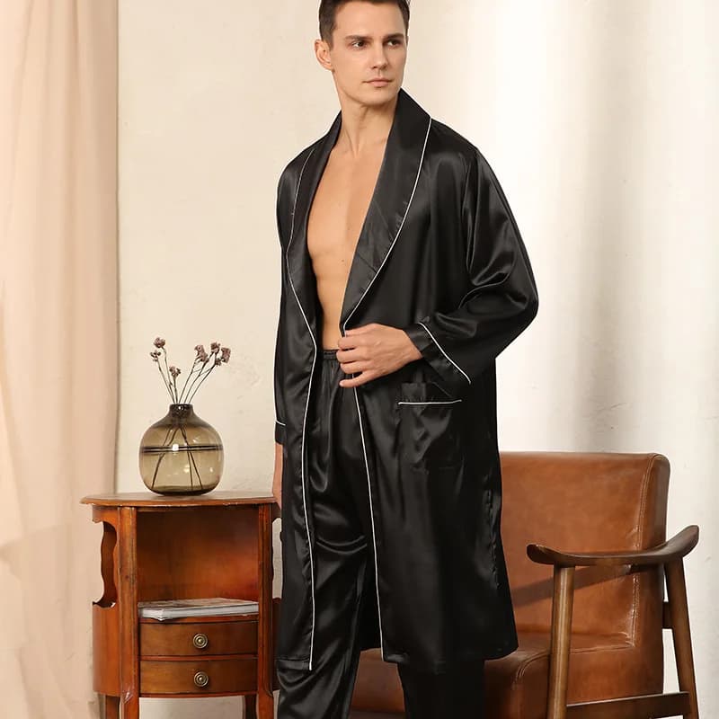 Men's Pijama Evening Dress in Satin Kimono With Trousers Thin Night Shirt Bathrobe and Two Piece Nightwear Summer Long Sleeved Dress