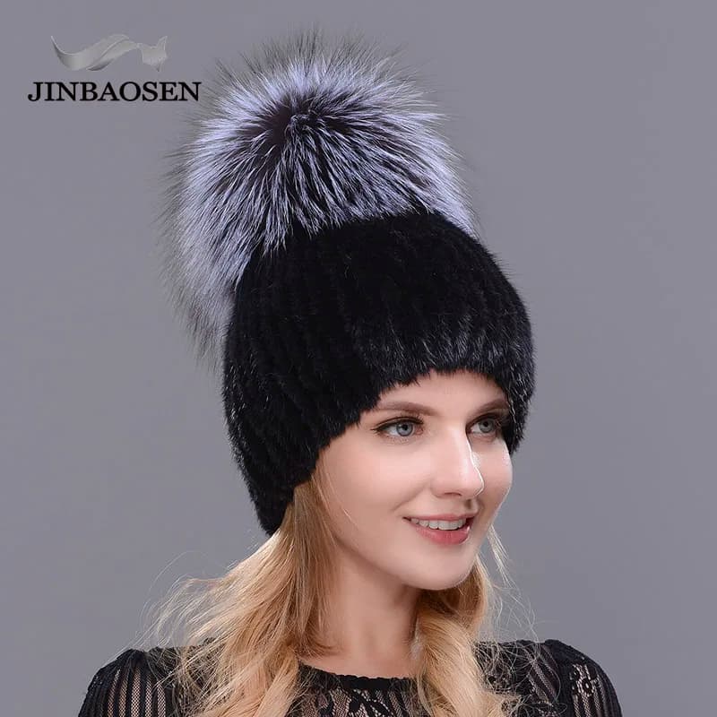 JERYAFUR Double Warm Real Natural Mink Fur Hat Women Mix Color Silver Fox Fur Female Winter Hat Double Pompoms Luxury Hat