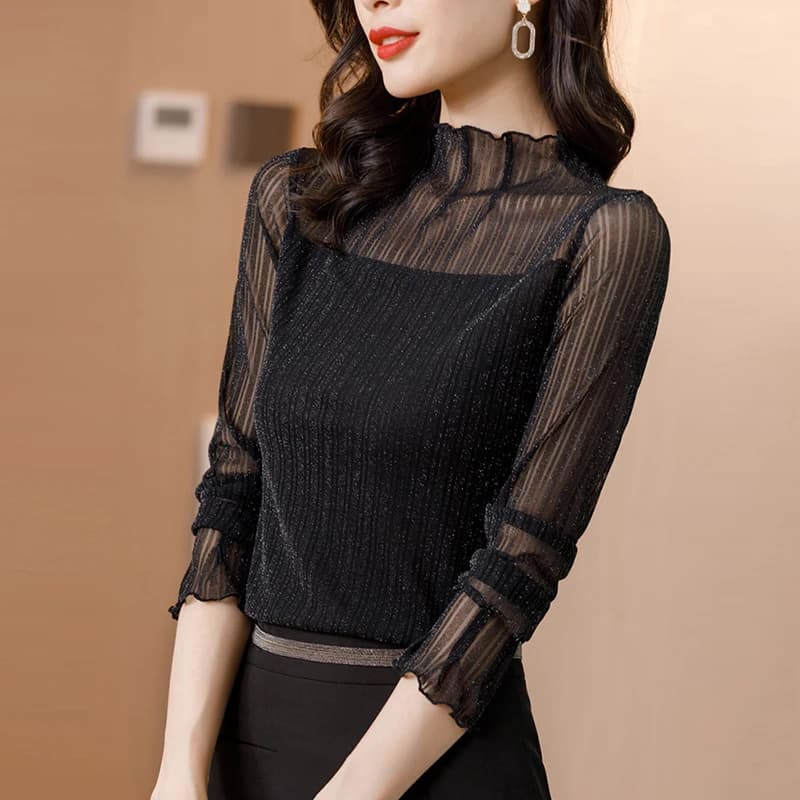2026 Camicetta da Donna a Collo Alto con Pizzo, Top Femminile, Abbigliamento Donna