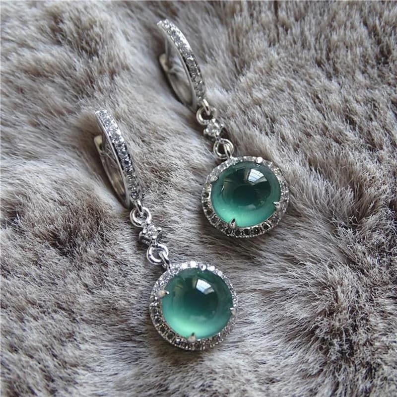 Original design natural green chalcedony earrings with diamonds, noble light luxury charm women's brand silver jewelry