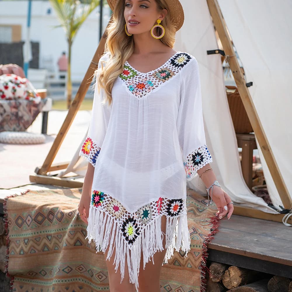 CROCHET BIKINI Copricostume bianco con finiture con frange Abito da spiaggia sexy a tunica cava da donna Costume da bagno estivo Beachwear