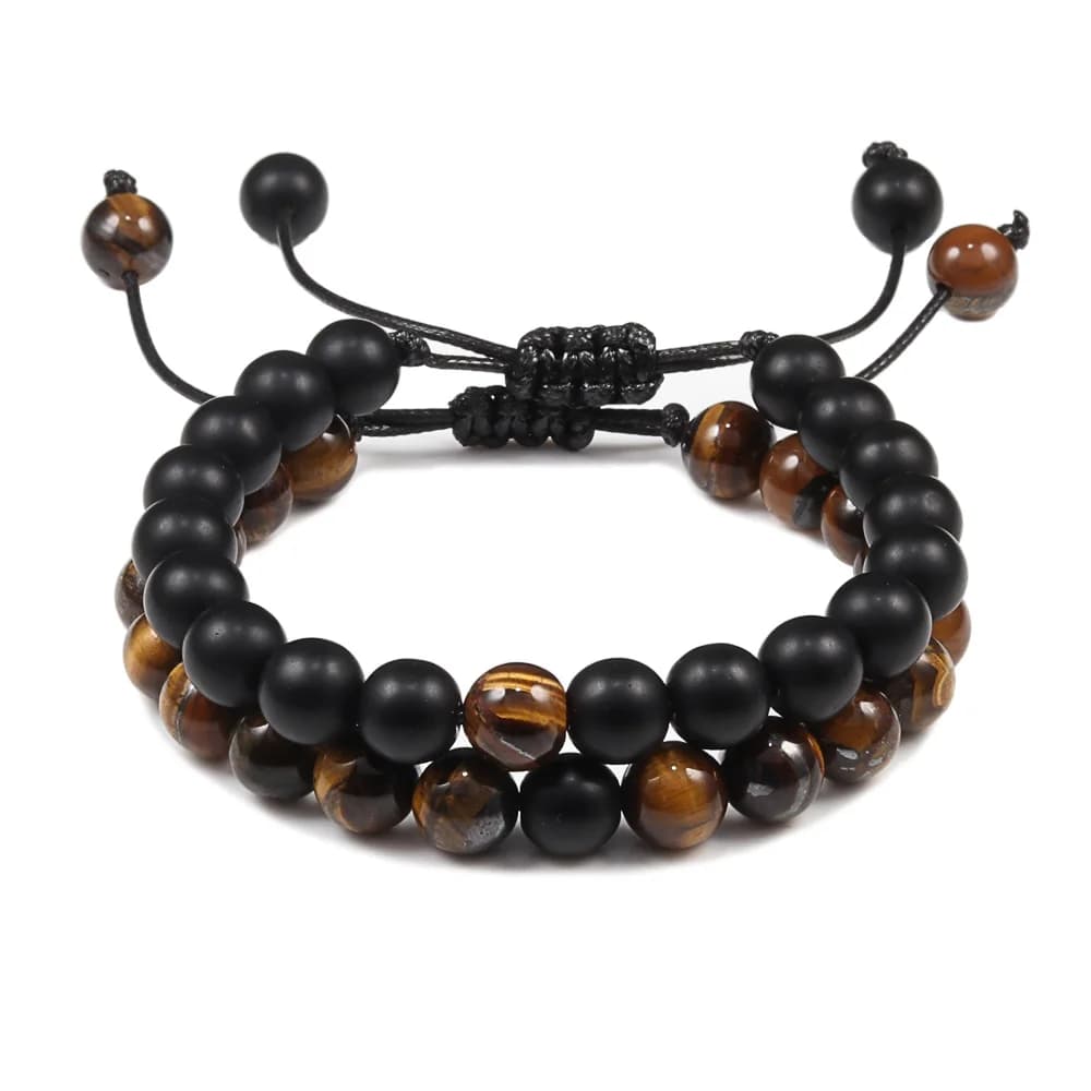 Bracciale da uomo Bracciale intrecciato in pietra occhio di tigre Bracciale con perline in pietra naturale opaca nera Coppia Distanza Fascino Gioielli Yoga Regali