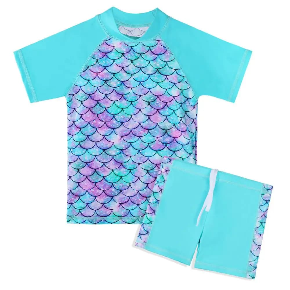 BAOHULU Costume da bagno per ragazze a maniche corte Scala ciano Set costumi da bagno per bambini Costume da bagno upf 50+ Costume da bagno da spiaggia per bambino 2021 Estate