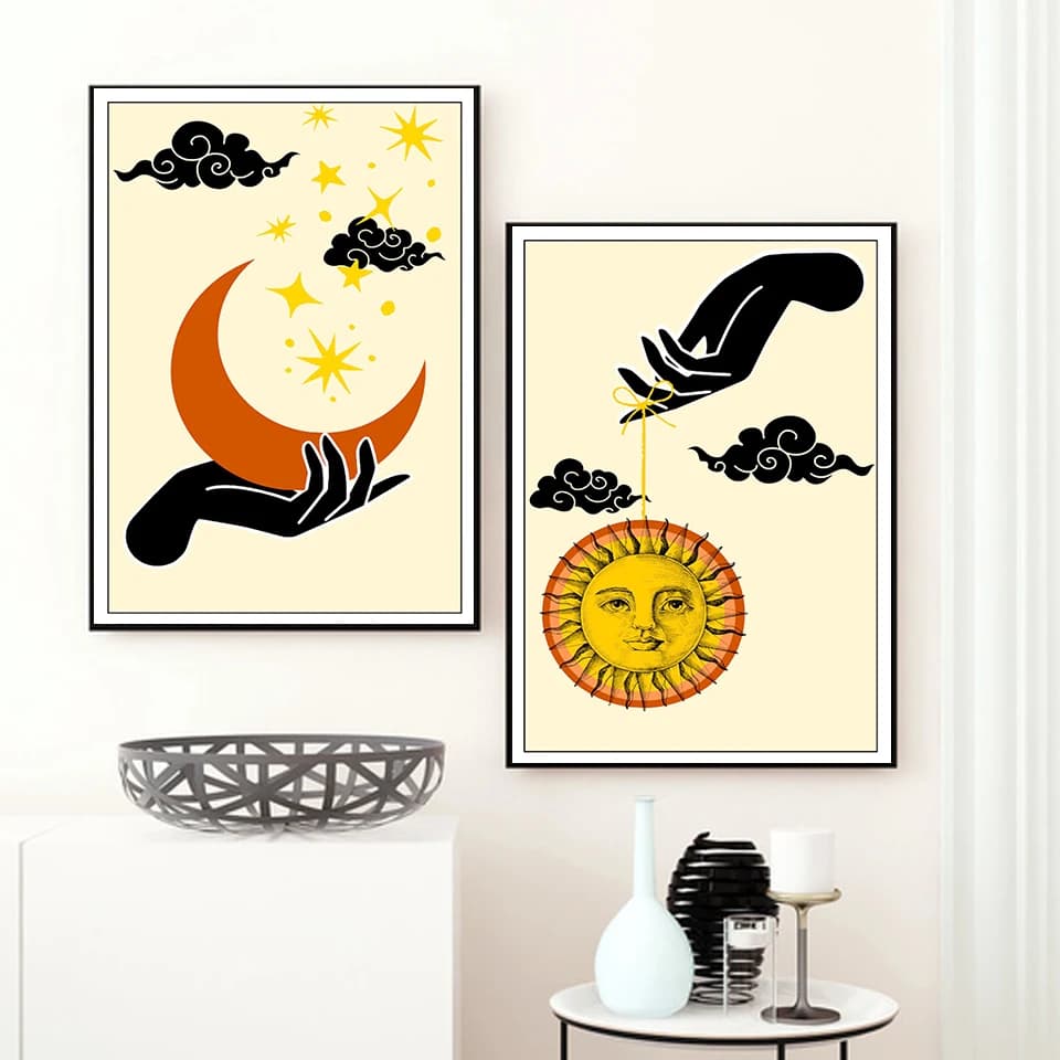 Abstract Mystic Hand Sun and Moon Scene Boho Prints on Canvas Living Room Painting Home Decorations Without Frame Wall Art Picture Poster