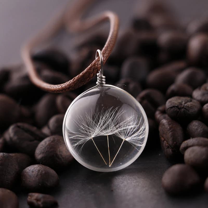Collana con ciondolo a forma di fiore essiccato con tarassaco rotondo, ciondolo in vetro con tarassaco naturale, cabochon trasparente, gioielli con sfera di vetro Lucky WISH