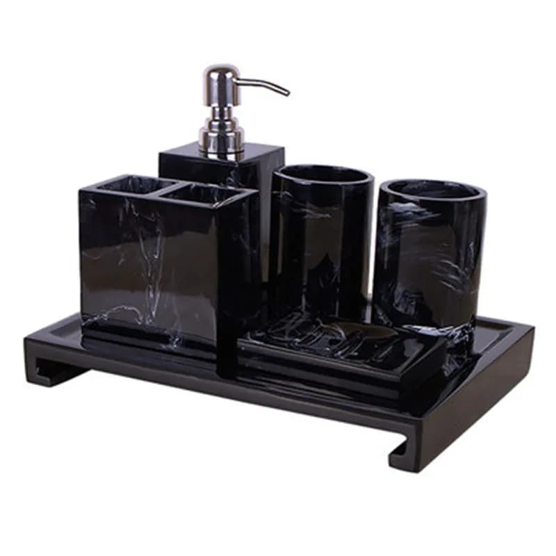 Vassoio con motivo in marmo nero Set da bagno in resina portaspazzolino Dispenser di sapone portasapone Set di accessori per il bagno da uomo Home Deco