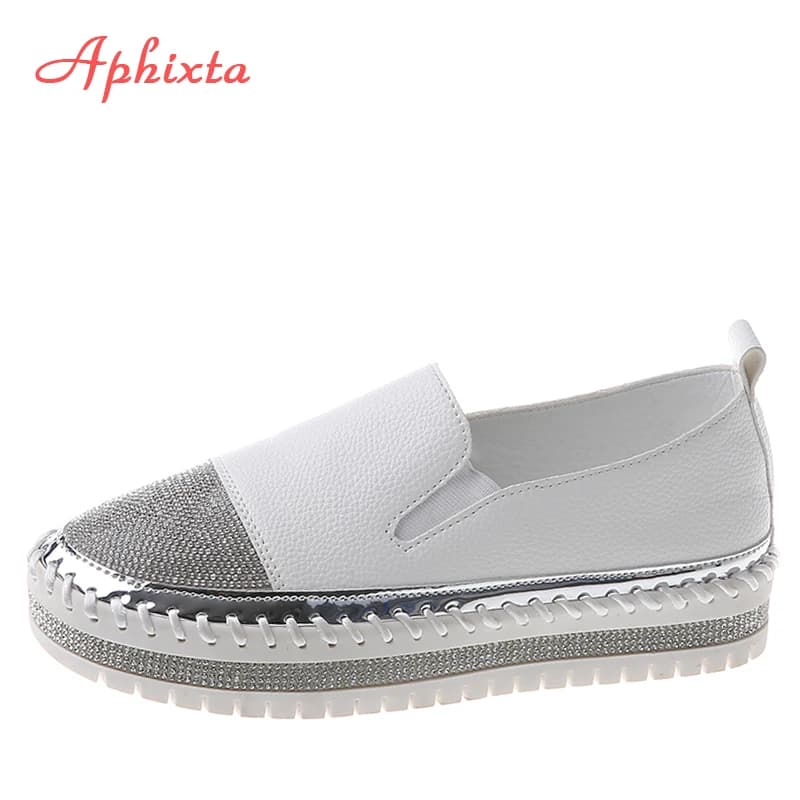 Aphixta 2025 New Crystals Luxury Leather Low Shoes Women's Hand Stitching Slip-on Footwear with Flat Platform Plus Big Size 42 43