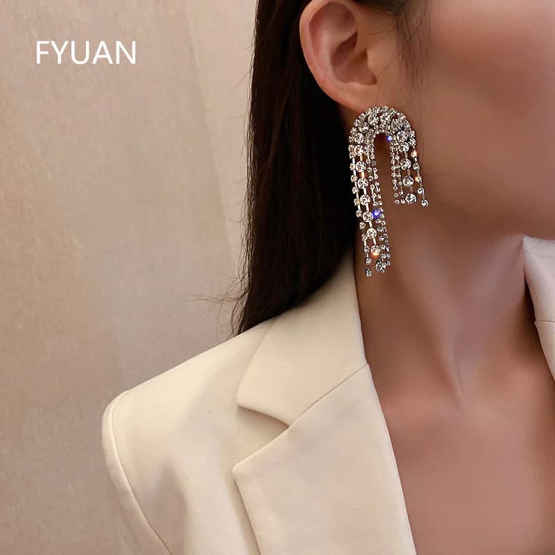 FYUAN Long Tassel Crystal Drop Earrings for Women Geometric Asymmetry Rhinestone Earrings Weddings Party Jewelry