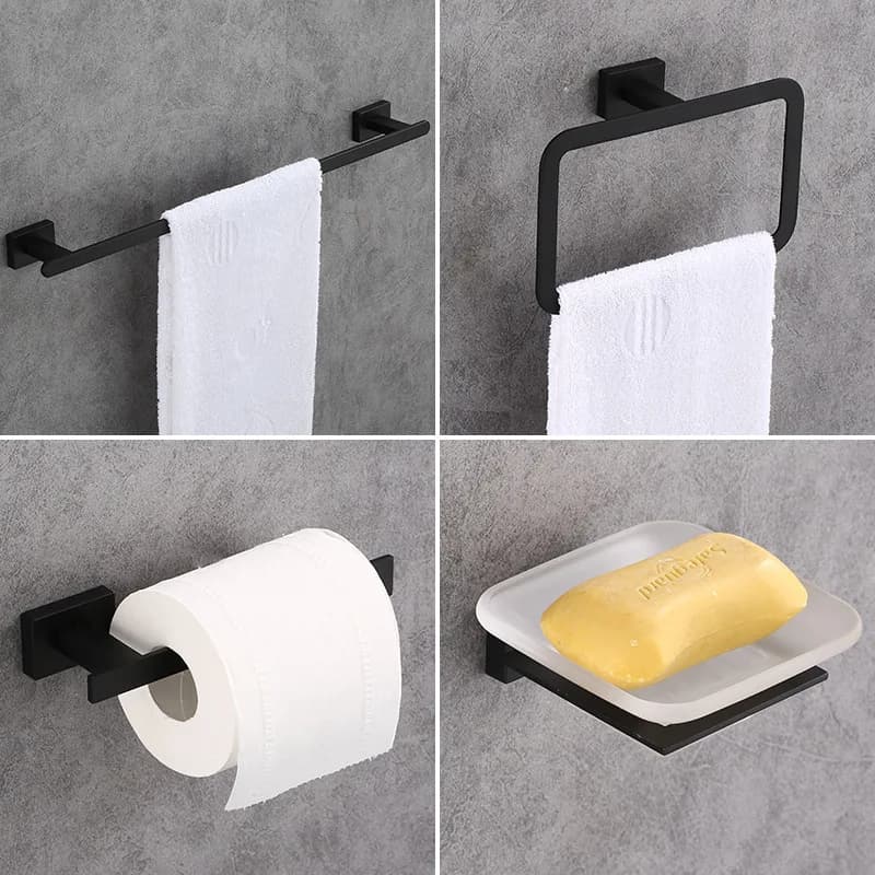 MTTUZK Set di accessori per il bagno nero opaco Porta asciugamani in acciaio inossidabile massiccio Porta carta Ganci appendiabiti Porta asciugamani Portabicchieri
