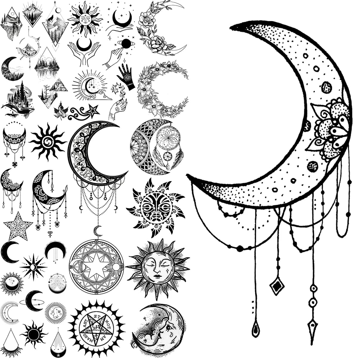 3D Moon Temporary Tattoos For Adults Mountain Sun Cluster Dream Catcher Tatoos Fake Pendant Tattoo Sticker Sexy Body Arm