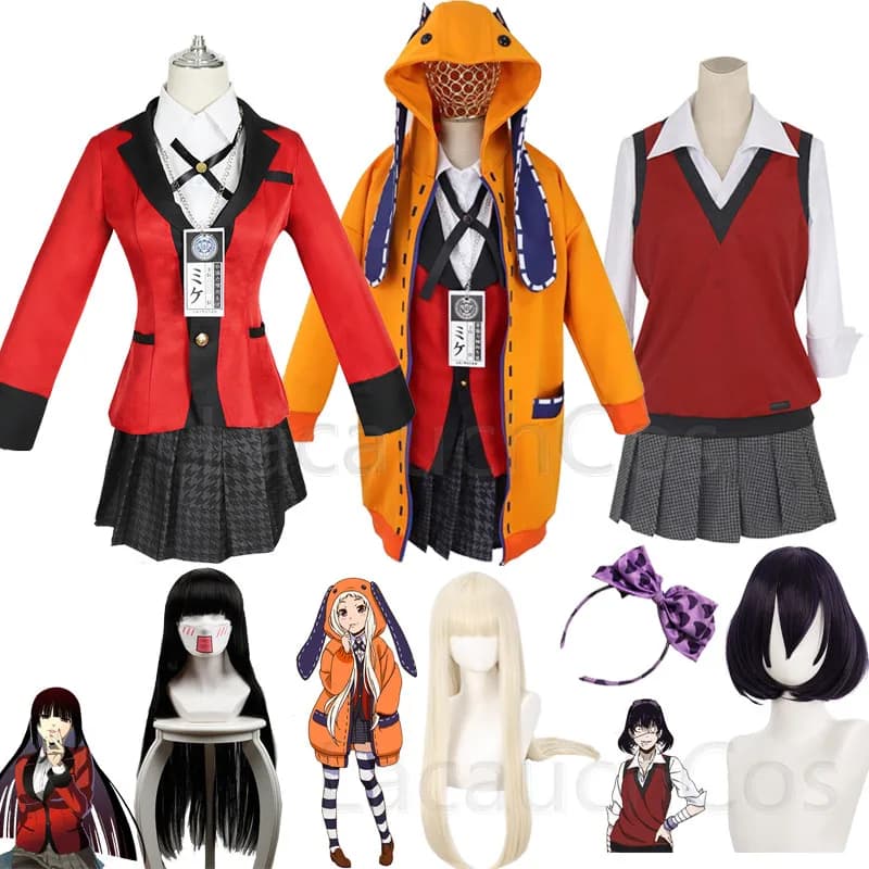 anime folle eccitazione Jabami Yumeko Cosplay Anime Kakegurui rende i giocatori Yumeko Jabami vestiti con cappuccio uniformi scolastiche Cosplay costume da festa e parrucca Momobami Kirari Yomoduki Runa Costume da ball