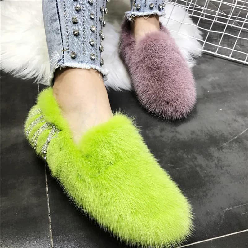 2026 New Fashion Pelliccia di visone Mocassini da donna Inverno Caldo Scarpe basse Fuori Mocassini Espadrillas Strass Decor Appartamenti delle signore