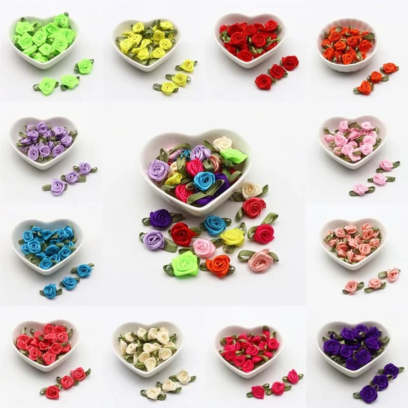 Nastro rosa foglia verde Nastro rosa piccolo fiore Decorazione fai da te Piccolo fiore bambola Bowknot Accessori di abbigliamento 50-100 pezzi