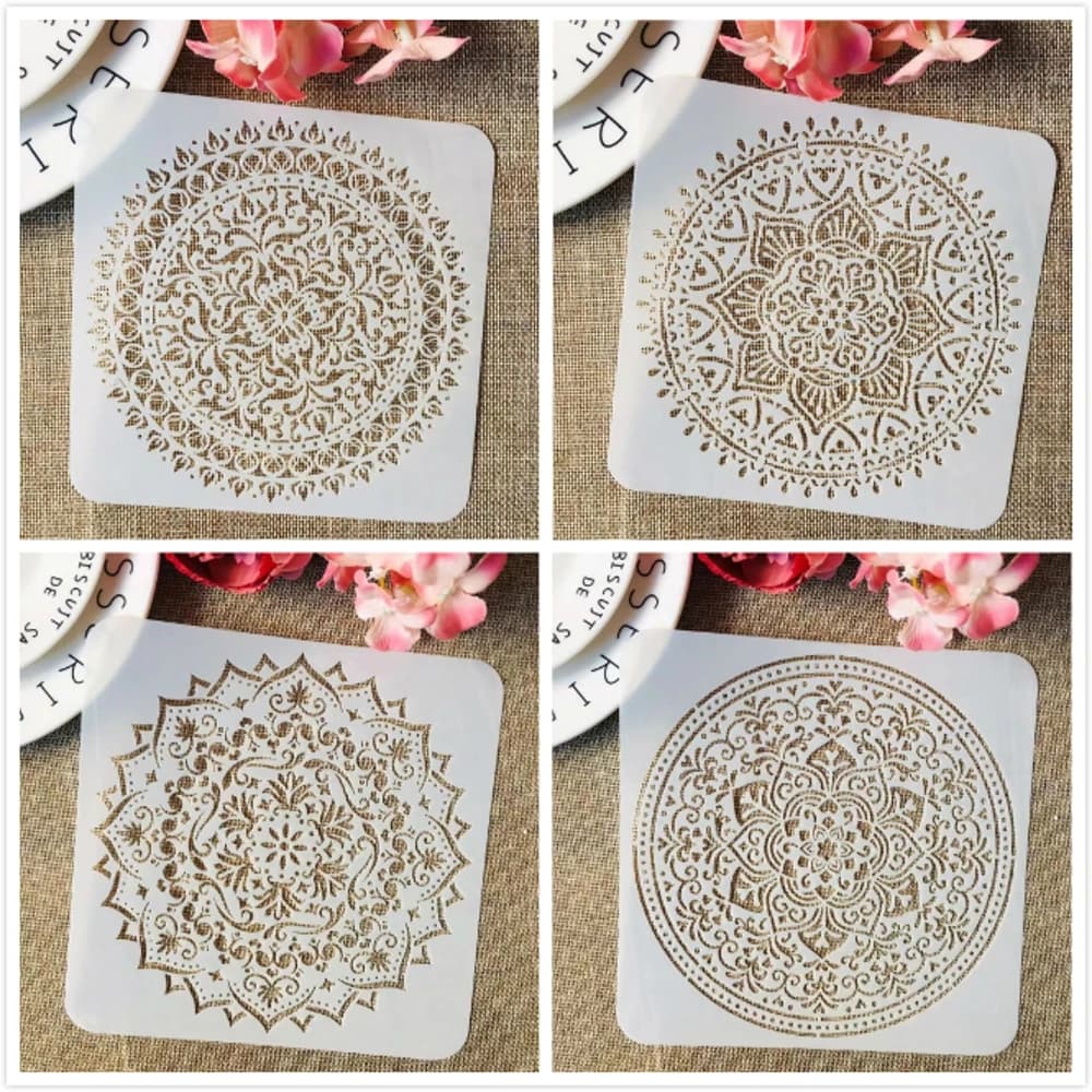 4Pcs/Set 15cm Mandala Wheel Round Square DIY Layering Stencils Painting Scrapbook Coloring Embossing Album Decorative Template
