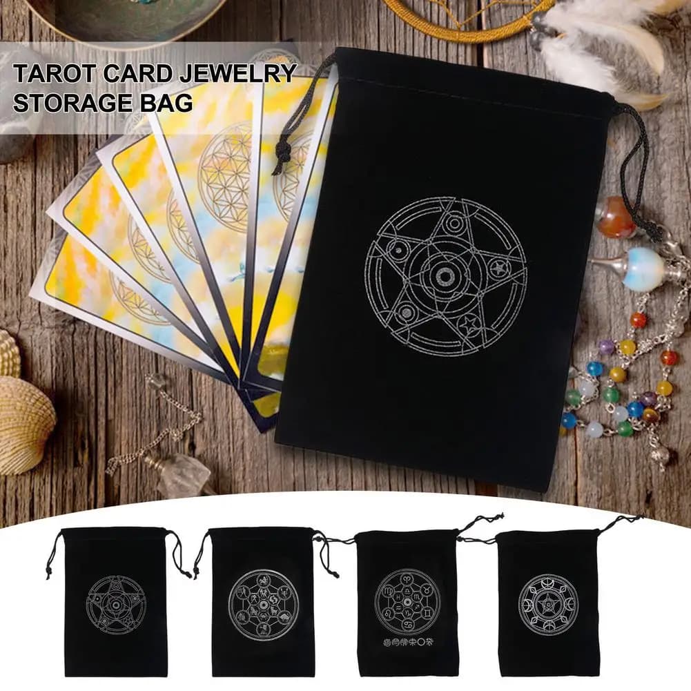 Borsa per carte dei tarocchi in flanella Pentagramma nero Mistico Magia Divinazione Rune Storage Bag Gioco da tavolo Dadi Giocattolo Gioielli Confezione con coulisse