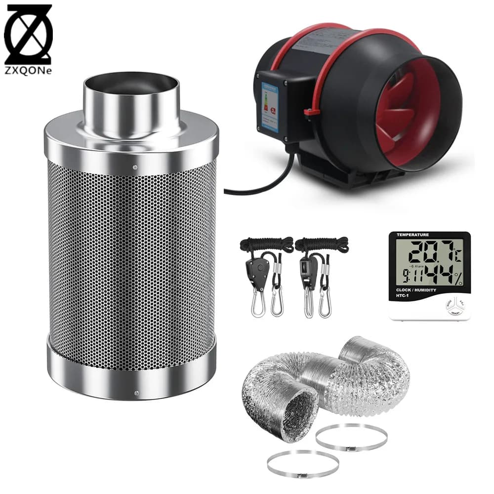 Purificatore di carbone vergine in linea nero a basso rumore ad alto ventilatore, Set di filtri per luce progressiva a LED, coltivazione di tende da interno, 4 ", 6", 8"