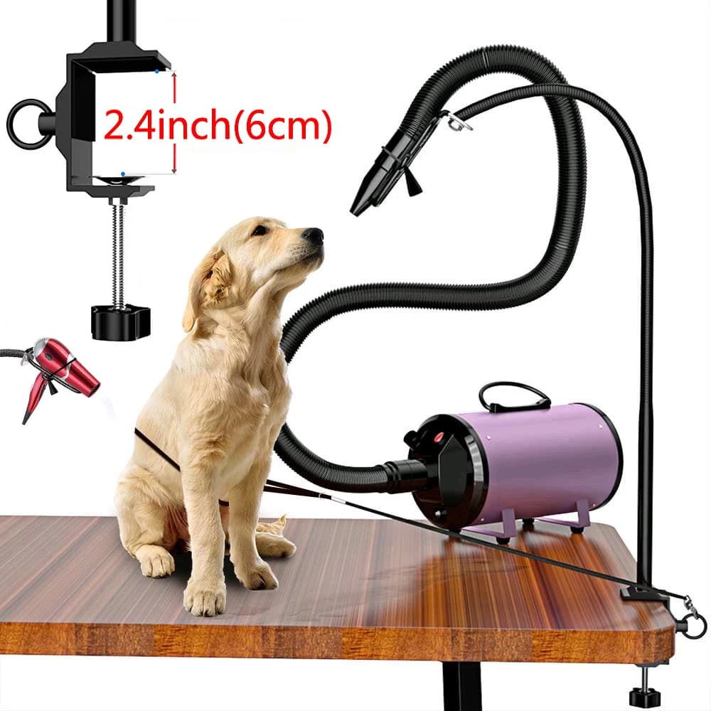 Supporto per asciugacapelli per toelettatura di cani da compagnia, mani libere, in acciaio inossidabile, rotazione di 360 gradi con morsetto regolabile, staffa per capelli senza sede