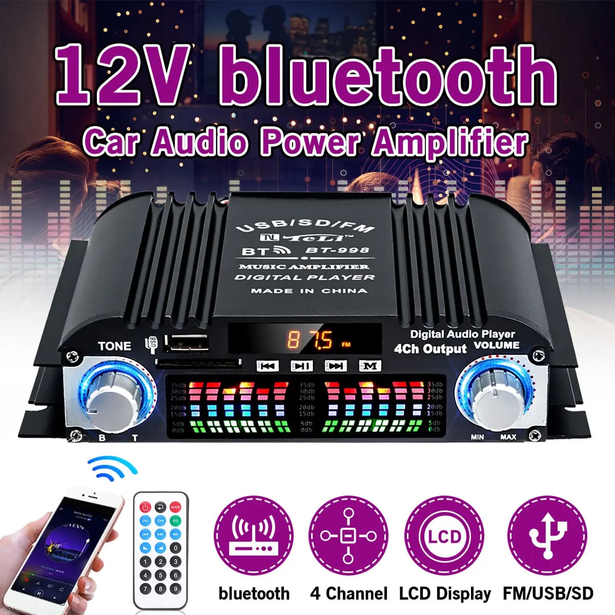 BT-998 Hifi Audio Home amplificatori digitali Car Audio Bass Power amplificatore bluetooth FM USB SD Radio Subwoofer altoparlanti 12V/220V