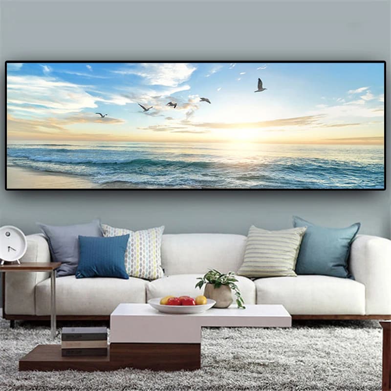 Modern Natural Sea Beach Flying Birds Landscape poster Canvas Painting Wall Art Picture for Living Room Home Decor (No Frame)