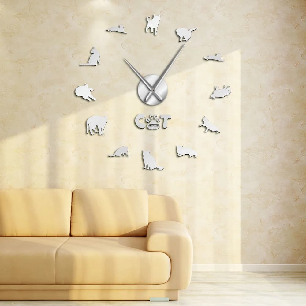 American Shorthair ASH Cat Kitty Big Wall Clock DIY Home Cat Decorations Love Cats Wall Clock with Long Hands Large Wall Clock