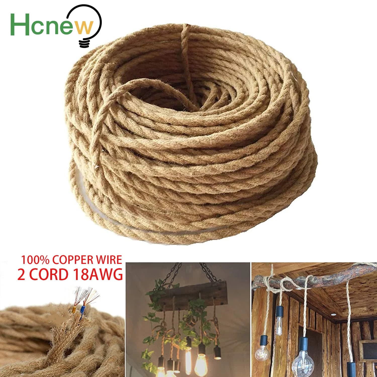 Electric Cable 2-wire Vintage 0,75mm, Hemp Textile Cable Braided, Power Cable Retro for Suspension Lamp and Salt Lamp
