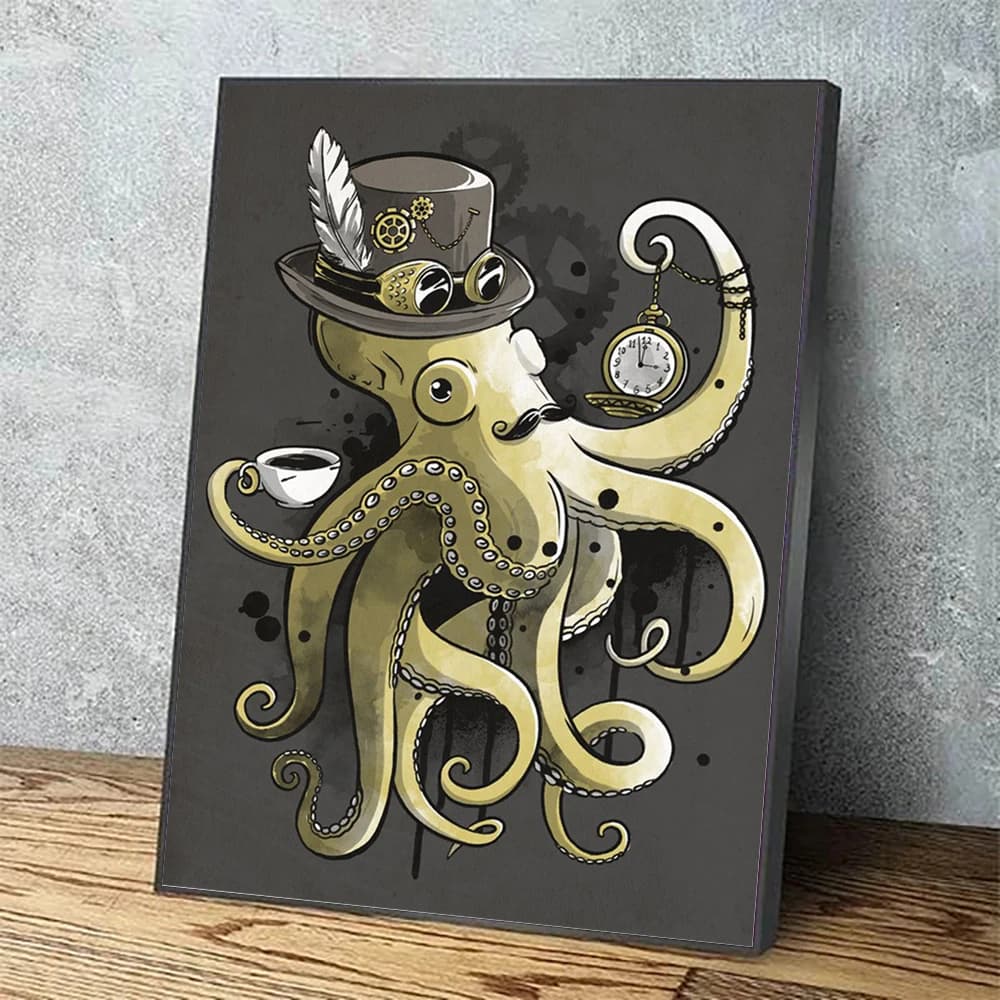 Stampe Dipinti Immagini modulari di polpo verde Tela Wall Art Home Cartoon Orologio Cappello Decor Modern Comodino Sfondo Poster