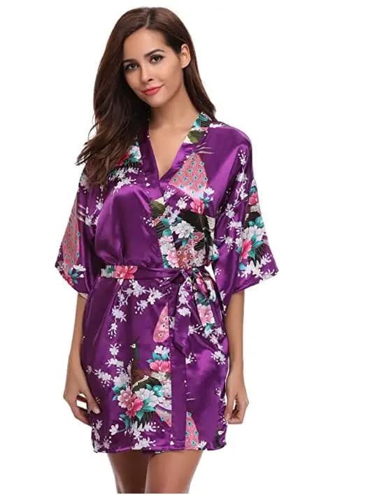 Women's Fashion Style Purple Floral Printed Dress Silk Satin Dress Night Shirt Flower SML XL XXL XXXL
