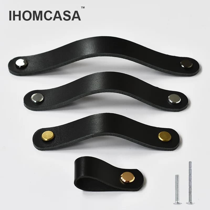 IHOMCASA Manopole in pelle nera per armadio, scarpiera, maniglie in pelle di vacchetta, maniglia per mobili in stile americano, guardaroba, cassetto, porta