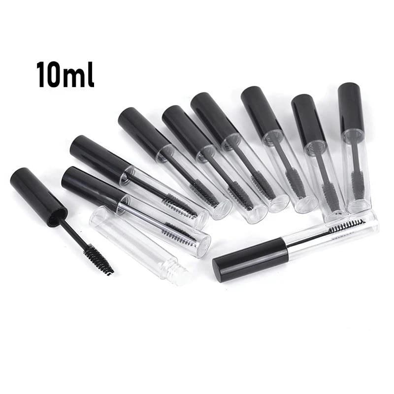 10 pezzi/lotto Tubetti trasparenti portatili da 10 ml per mascara con applicatore, flacone per ciglia liquido, tappo nero, contenitori cosmetici ricaricabili