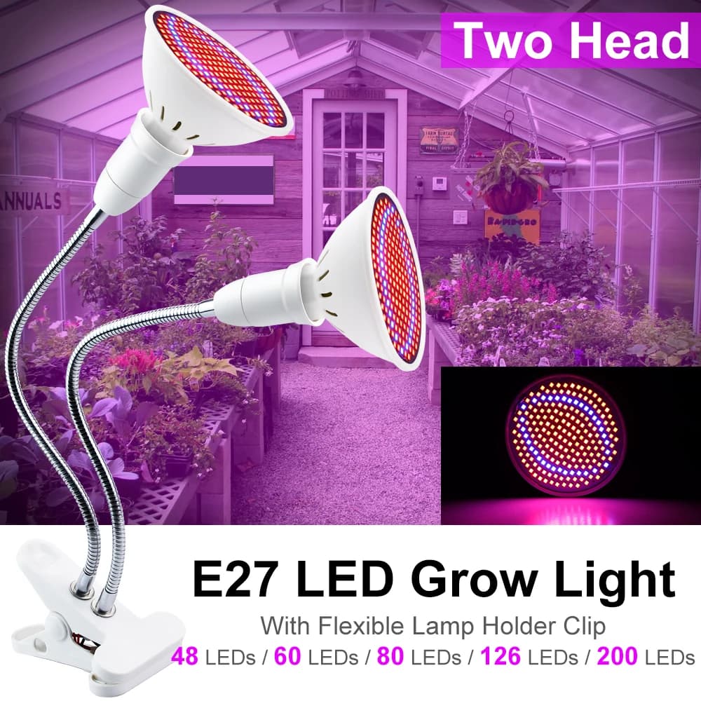 2 heads LED lamp for cultivation plants E27, complete spectrum, EU/US, for cultivation lamps, plant curtains, hydroponic greenhouses, grow box and interior clip