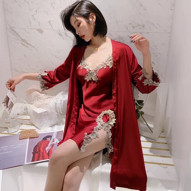 2 pieces pajamas Set woman sleeve long night gown v neck night dress Pijama home nightdress bathrobe Sexy spring dress night dress