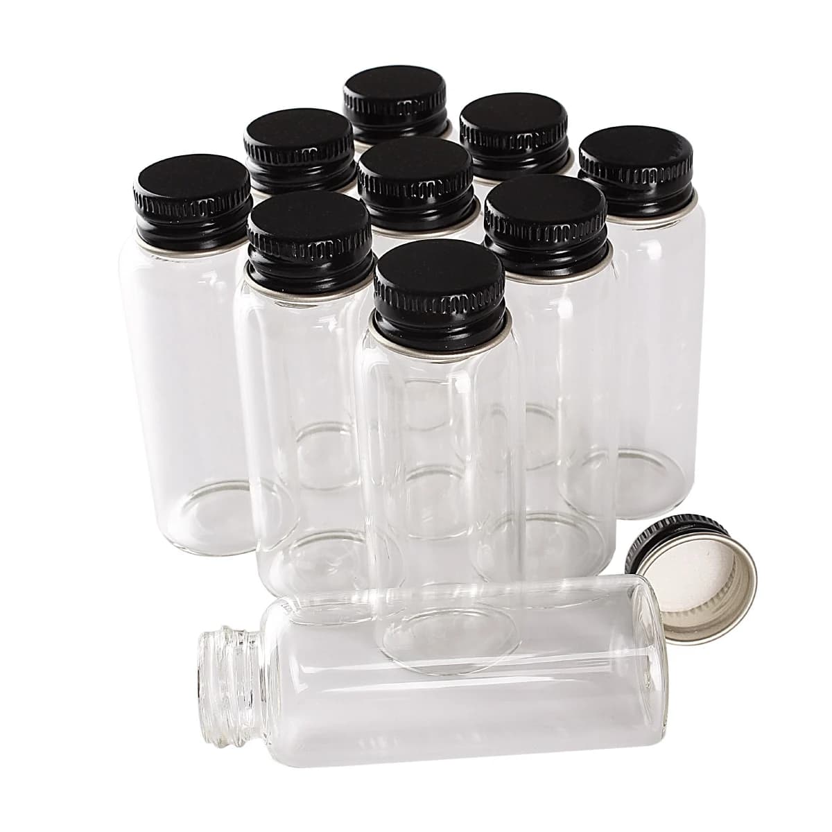 24 pezzi 25ml 27*70mm bottiglie di vetro con tappi in alluminio nero bottiglie di spezie in vetro trasparente profumo piccoli vasetti fiale
