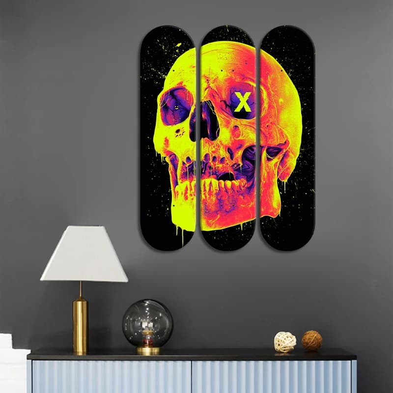 3 pezzi di skateboard Wall Art Neon Terror Skull Collection Skate Deck Murale Tavola decorativa per Bar Club Sala giochi Ornamenti