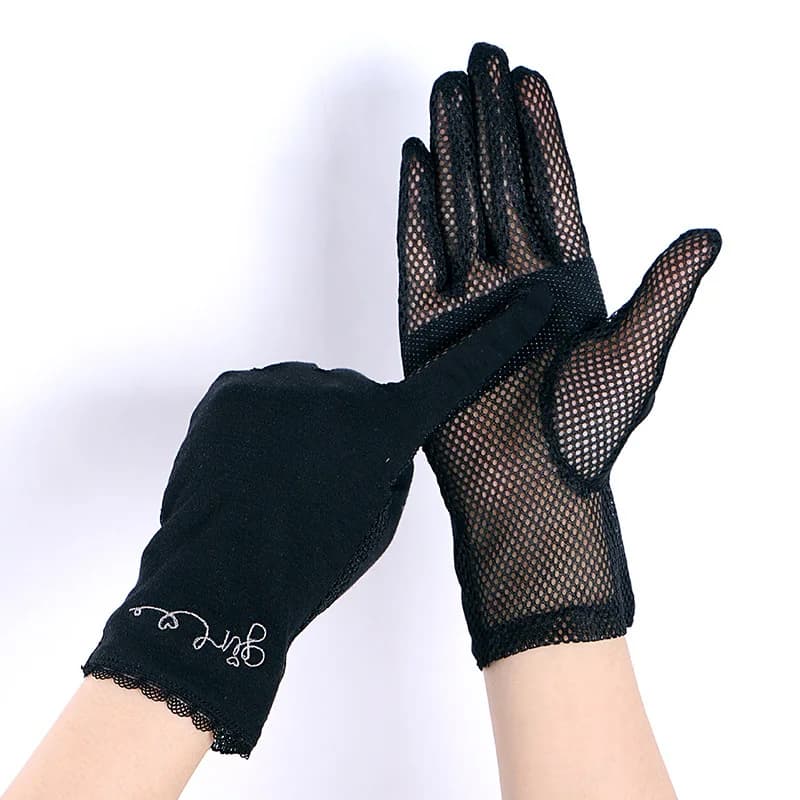 Guanti da ciclismo da sole ricamati corti con protezione solare UV estiva femminile Guanti da guida sottili con touch screen in rete traspirante per donna J88