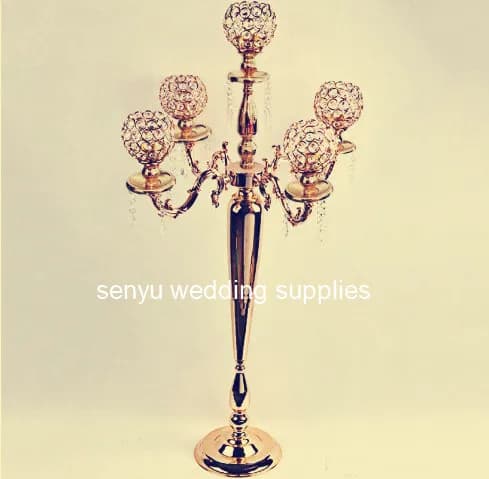 10ps) 100 cmTall oro 5 bracci cristallo Candelabri centrotavola Pilastro Portacandele Candeliere Decorazione di nozze Stand Mariage951