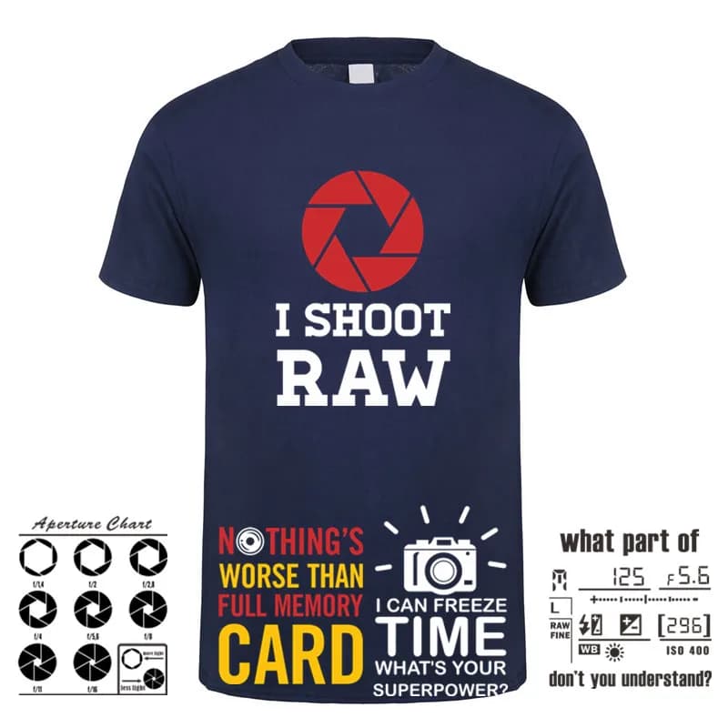 I Shoot Raw T Shirt Camera Mens Cotton Short Sleeve Photography Tshirt Funny Cool Top Tees