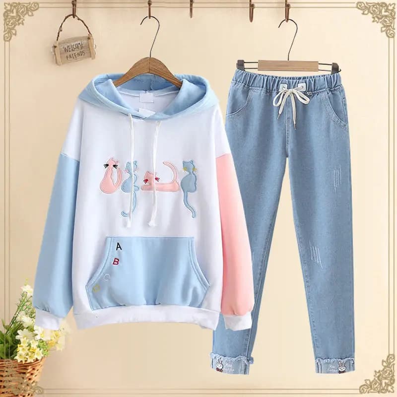 Set di Jeans per studentessa singola/Set 2023 nuove donne primavera autunno felpa + pantaloni da Cowboy Jeans in due pezzi senza velluto B1230