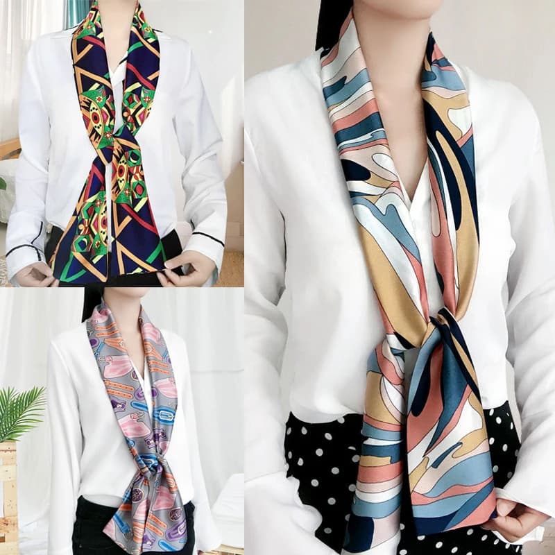 Sciarpa di seta lunga in raso a righe con stampa a doppio lato Eruo di moda per donna